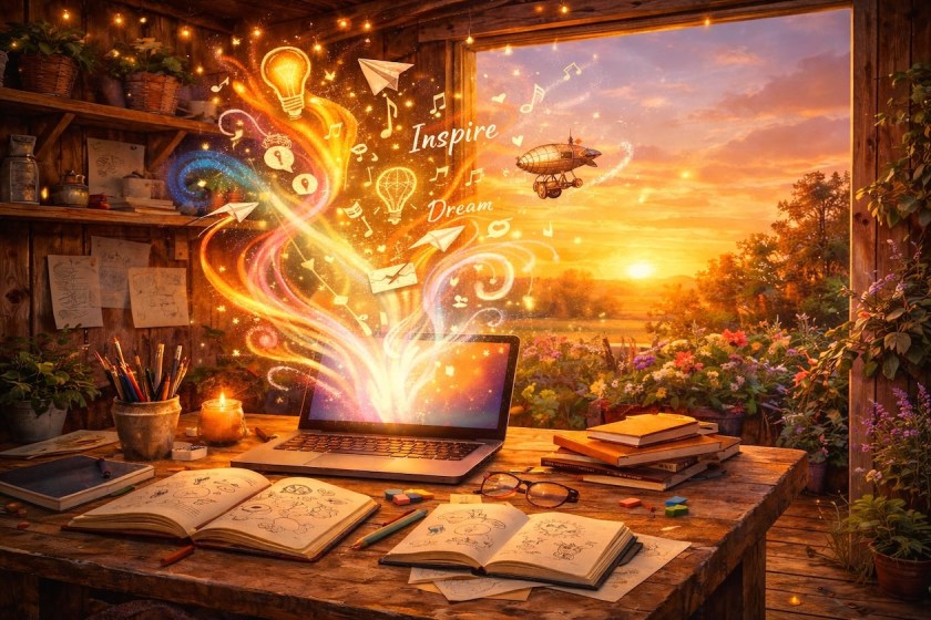A warm garden shed studio at golden hour, with a desk, open notebooks and a glowing laptop releasing colourful ribbons of creative energy, sketches and musical notes drifting towards a bright sunset.