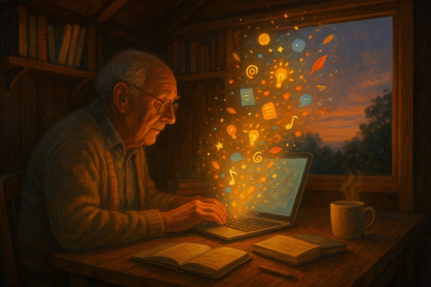 warm garden shed workspace with glowing creative sparks rising from a laptop.