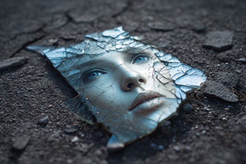 A cracked shard of mirror lying on rough ground, reflecting part of a human face with pale skin and blue eyes, fragmented by broken glass.
