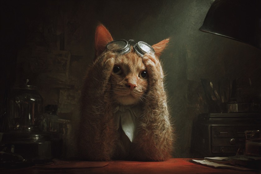 A ginger cat wearing goggles sits at a desk in low light, holding its head in apparent frustration, surrounded by old-fashioned objects and papers.