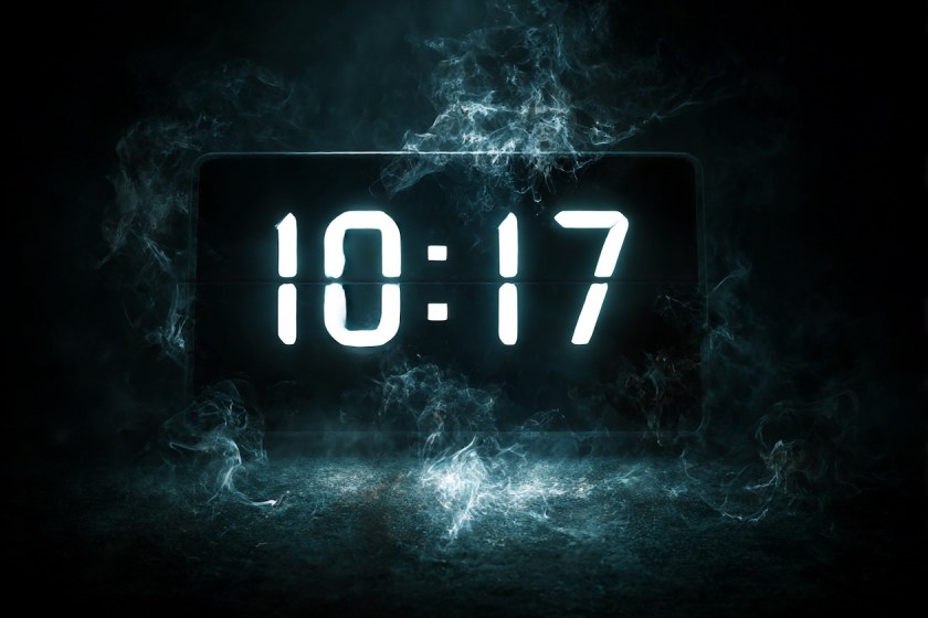 A digital clock face showing" 10:17." The background is dark and mysterious
