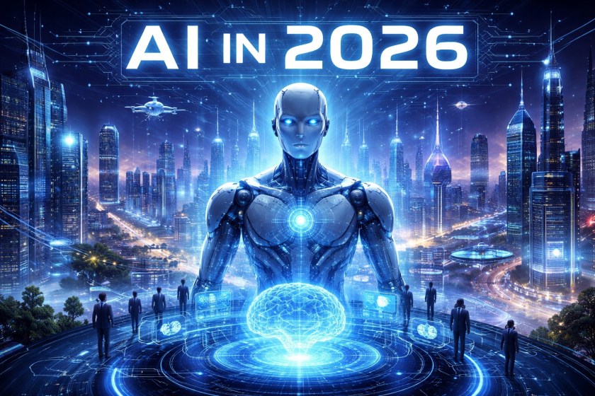 Futuristic cityscape at night with a central humanoid AI figure glowing blue, surrounded by holographic data, digital circuitry, and a luminous brain interface, with the words ‘AI in 2026’ above, suggesting advanced artificial intelligence integrated into urban life.