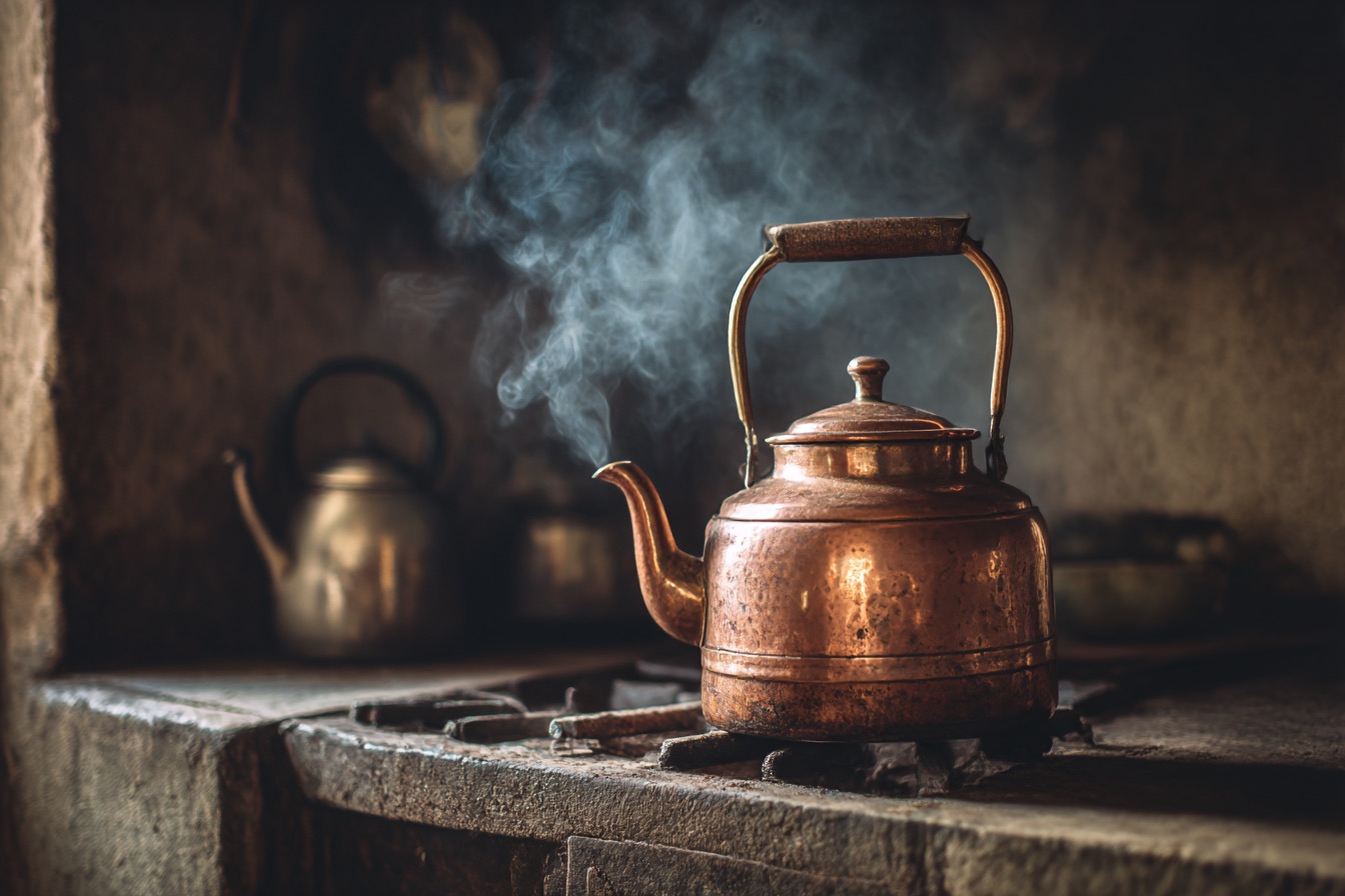 A copper tea kettle kept on a old rustic stove with smoke coming out -