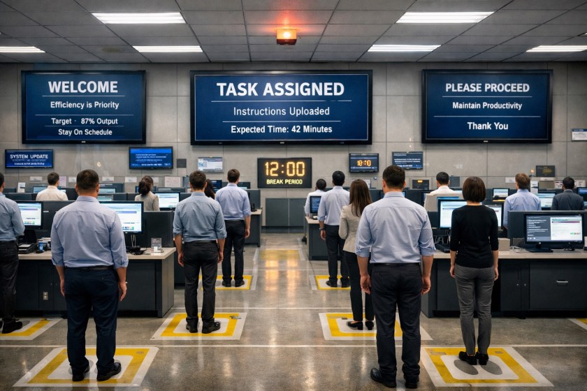 A wide, orderly interior of a modern workplace with people standing at identical workstations on marked floor positions. Large digital screens display instructions, schedules, and productivity messages. Overhead lighting is uniform and impersonal, and no individual faces stand out. The scene feels controlled, repetitive, and quietly automated.