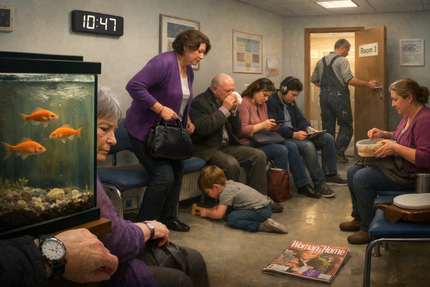 Landscape photograph of a medical waiting room where seven people sit beneath a digital clock frozen at 10:47. An elderly woman watches a cloudy fish tank with three goldfish circling. A woman in a purple cardigan stands with a handbag, a child kneels on the floor with a wooden block, a man in paint-spattered overalls enters Room 3, and a magazine lies on the floor while others scroll on their phones.