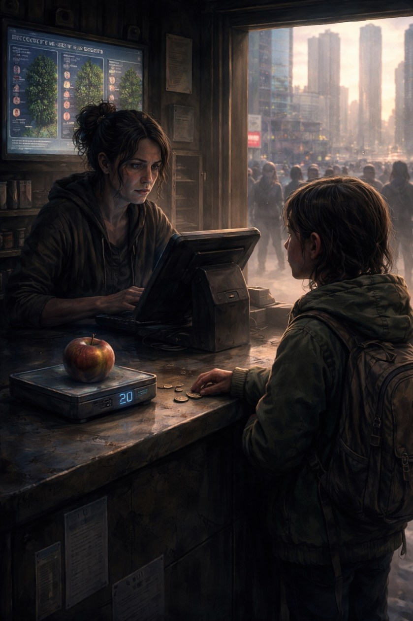 A dystopian shop interior where a young child in a worn green jacket stands at a counter, placing coins beside a bruised apple on a glowing digital scale that reads 20. A tired shopkeeper looks at a computer screen while a silent queue stretches outside towards tall grey tower blocks. A wall display behind the counter shows vertical crops under purple light, suggesting controlled food production and rationing.