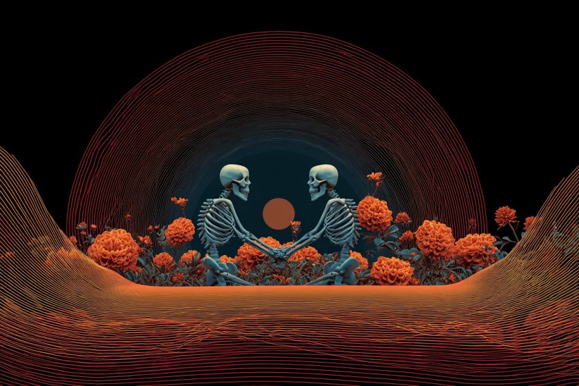 wo skeletal figures face each other beneath a luminous dome of concentric lines, their bony hands clasped together. Orange dahlias bloom abundantly around them against a dark teal background, while flowing golden-orange waves ripple across the foreground.