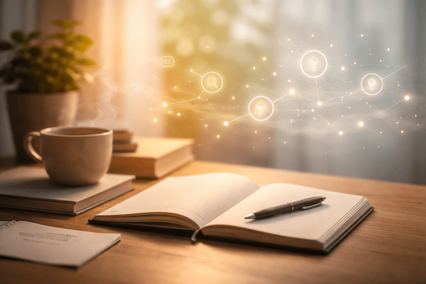 A warm writing desk with an open notebook, pen and coffee, with soft glowing AI icons suggesting ideas and creativity emerging from the page.