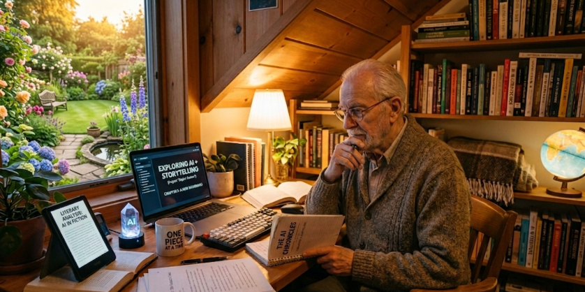 An elderly man with a white beard and glasses is sitting at a desk in a cozy, book-filled room, deeply engrossed in his reading. He is holding an open book titled "The AI Chronicles" and is thoughtfully holding a pen to his chin. A laptop on the desk is open to a page titled "Exploring AI + Storytelling"