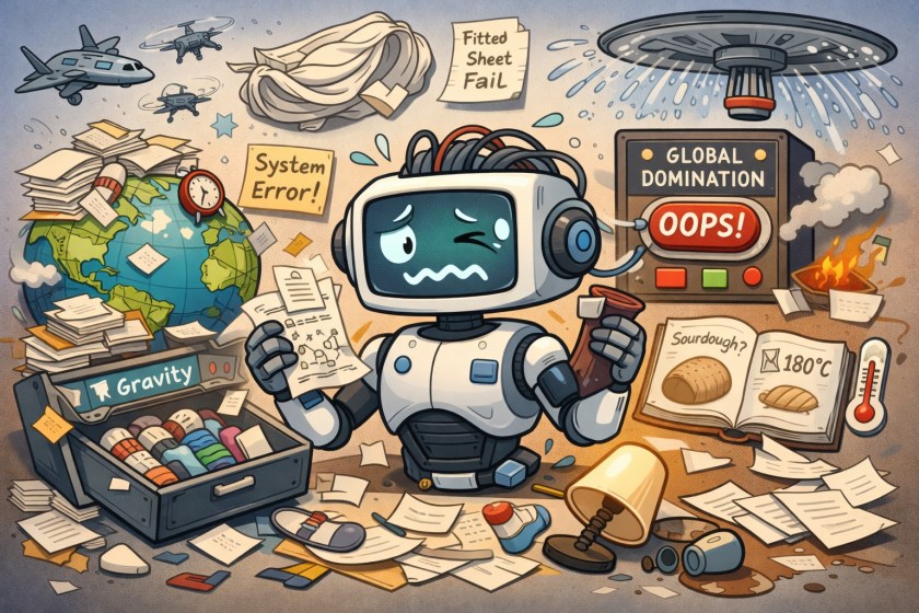 Whimsical cartoon illustration of a flustered AI robot surrounded by chaotic tasks, including scattered paperwork, a globe covered in notes, a sock drawer labelled “Gravity”, a “Global Domination – Oops!” control panel, a sprinkler spraying water, and an open sourdough recipe book, suggesting humorous incompetence rather than world domination.