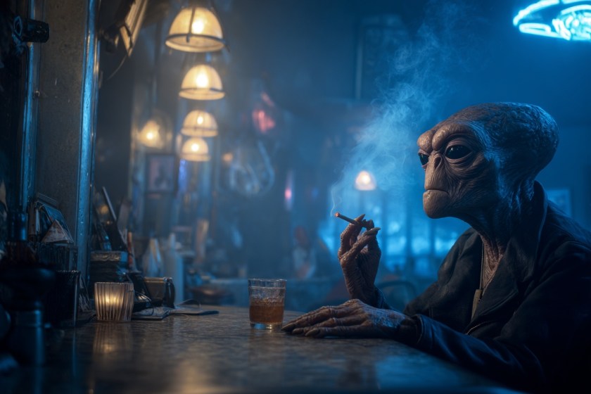 An alien smoking at a bar.