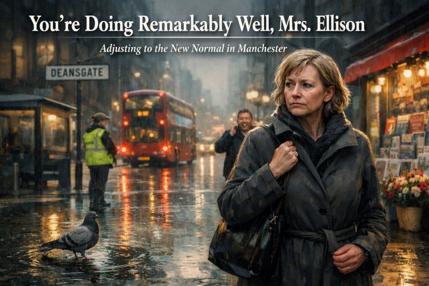 Rain-soaked Manchester street on Deansgate at dusk, with a thoughtful middle-aged woman in a dark coat standing in the foreground. A pigeon stands in a puddle near her feet while a red bus approaches in the background. Shopfront lights and wet pavement reflections create a sombre, reflective mood suggesting quiet grief and urban isolation.