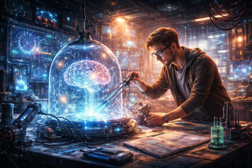 A focused researcher in a futuristic lab adjusts a glowing AI brain inside a glass chamber, surrounded by holographic screens, circuitry, and advanced tools, representing the process of experimenting with artificial intelligence.