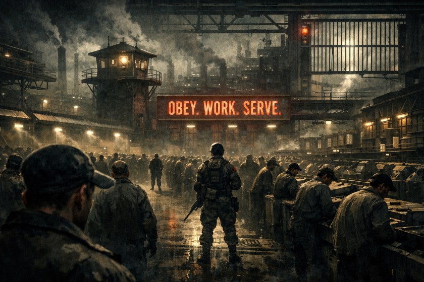 Landscape image of a bleak, dystopian industrial factory at night, where rows of exhausted workers in worn uniforms operate machinery under harsh lights. A lone armed guard stands in the centre, watching over them. Above the scene, a large glowing red sign reads “OBEY. WORK. SERVE.” while smoke, steel structures, and dim towers recede into the background, creating a cold, oppressive atmosphere.