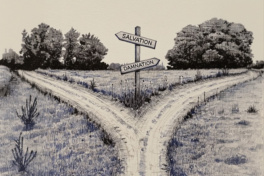 A detailed pen and ink illustration in blue-black tones depicting a rural crossroads. A single weathered wooden signpost stands at the fork, carrying two arrow-shaped signs: Salvation pointing left and Damnation pointing right. Overgrown grass fills the verges, trees line the horizon, and the two dirt tracks curve away into the distance in opposite directions.