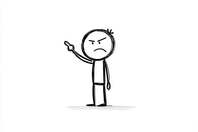 Angry stick figure pointing — illustration for AI-generated dark flash fiction on The AI Grandad blog