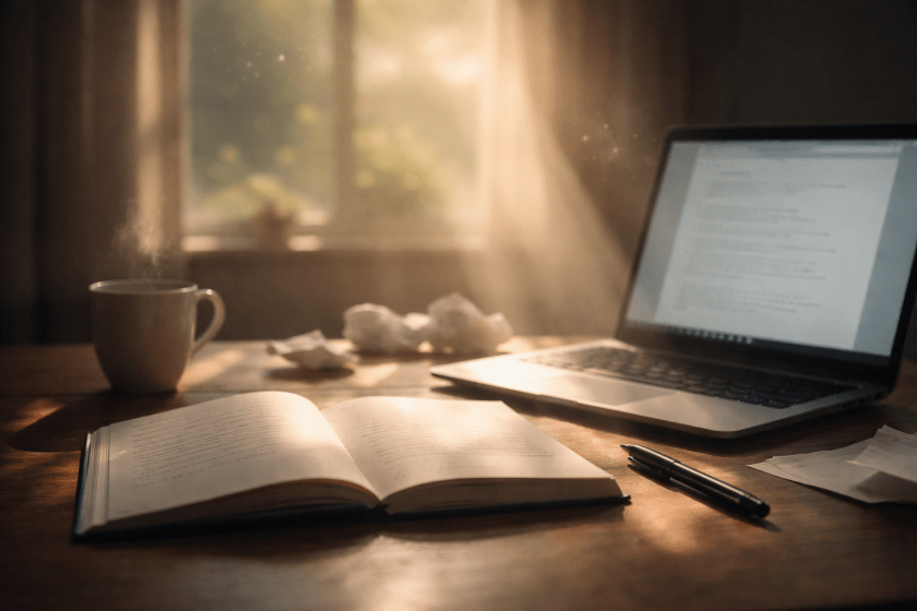 A minimalist writing desk with an open notebook already filled with text, softly illuminated, while a faint digital glow suggests AI-generated ideas emerging across the page.