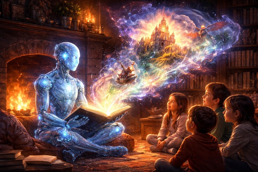 A glowing humanoid AI sits in a cosy library by a fireplace, reading from an open book as vivid, magical scenes like a castle, flying ship, and mythical creatures swirl into the air, while a group of children watch in awe.
