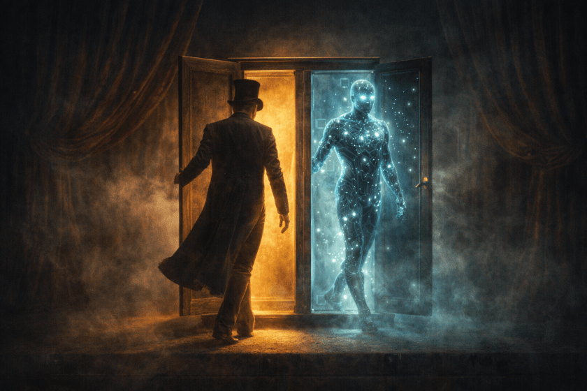 Landscape image of a theatrical stage framed by dark red curtains, where a magician in a black coat and top hat steps into a glowing cabinet. From the opposite side, a luminous, human-shaped AI figure emerges, its body patterned with light and circuitry. Warm golden light surrounds the magician, while cool blue light envelops the AI figure, with mist drifting across the stage to create a surreal, unsettling contrast between human and machine.