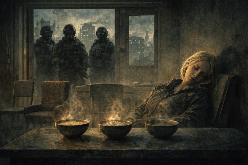 mage of a bleak, dystopian room with a worn table holding three steaming bowls of food in the foreground. A young woman in dirty, faded clothing sleeps slumped in a plain chair, her head tilted to one side. Behind her, three armed figures in dark tactical gear stand in the doorway, watching silently. Through the grimy windows, a grey industrial city stretches into the distance, reinforcing the cold, controlled atmosphere.