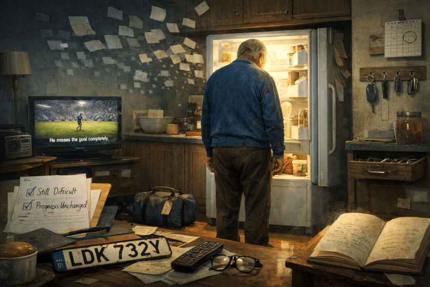 An elderly man stands in a dimly lit kitchen, facing an open refrigerator, appearing uncertain and still. Around him are scattered notes, a remote control, glasses, and paperwork, suggesting memory loss and confusion. A television in the background shows subtitles, while personal items like a licence plate and notebook hint at fragments of memory that remain.