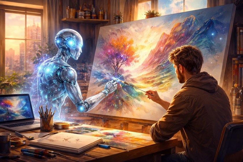 A warm, sunlit artist’s studio where a human painter and a glowing, translucent AI figure work side by side on a vibrant landscape canvas, blending traditional art tools with digital creativity.