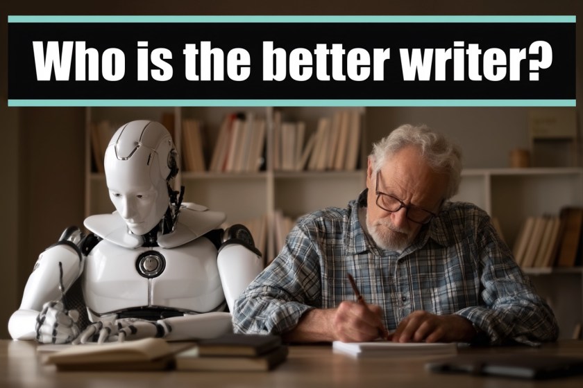 Image of an AI robot and an older man sat next to each other at a desk facing the camera. Both are bent over writing. Above them is a banner with the text, "Who is the better writer?"