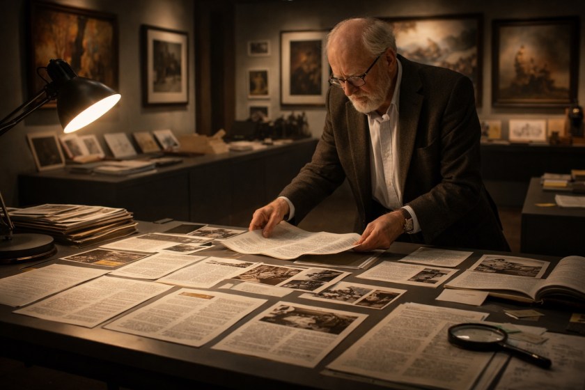 An elderly man with white hair and glasses stands at a large table in a softly lit archive room, carefully arranging pages of printed text and a few black and white photographs under a warm desk lamp, surrounded by shelves of books and framed artwork, conveying focused curation and quiet authorship.
