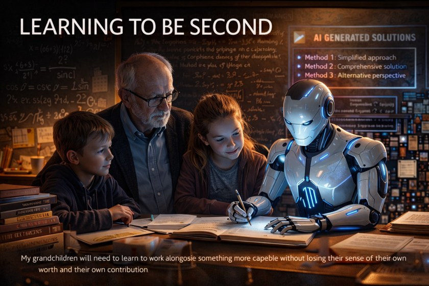 An elderly man sits with two children at a desk in a softly lit classroom, watching a humanoid robot demonstrate a solution in an open book, while chalkboard equations and digital displays glow in the background, symbolising learning alongside a more capable intelligence without losing human value.