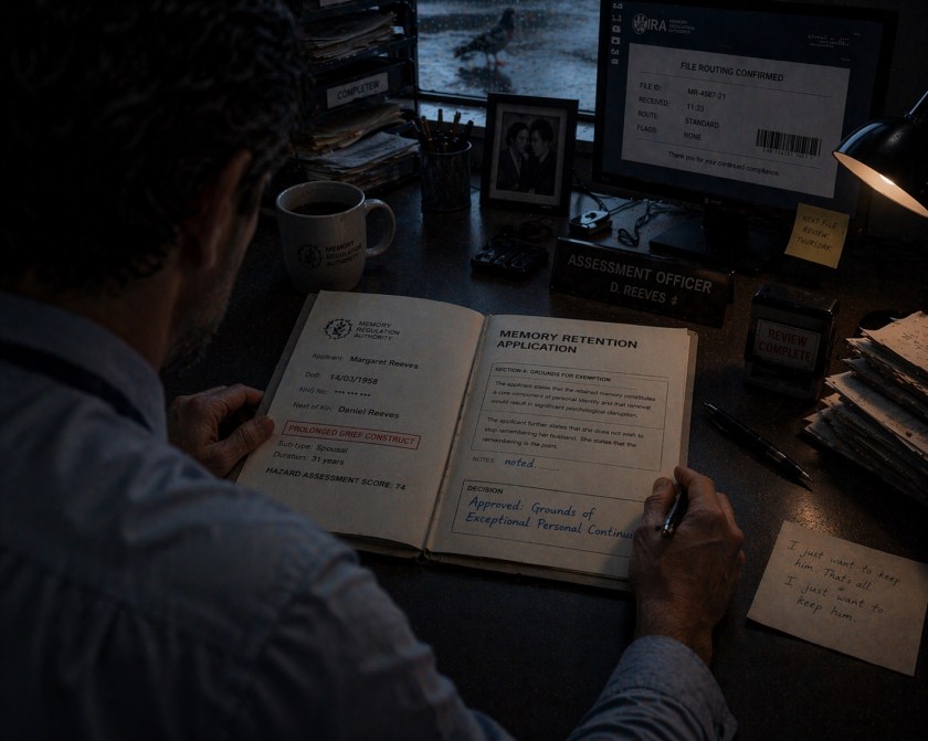 Over-the-shoulder view of a man seated at a desk in a dim, rain-lit office, looking down at an open “Memory Retention Application” file facing him as he writes a decision, with paperwork, a computer screen, and a handwritten note nearby, creating a quiet, tense atmosphere of bureaucratic judgment.