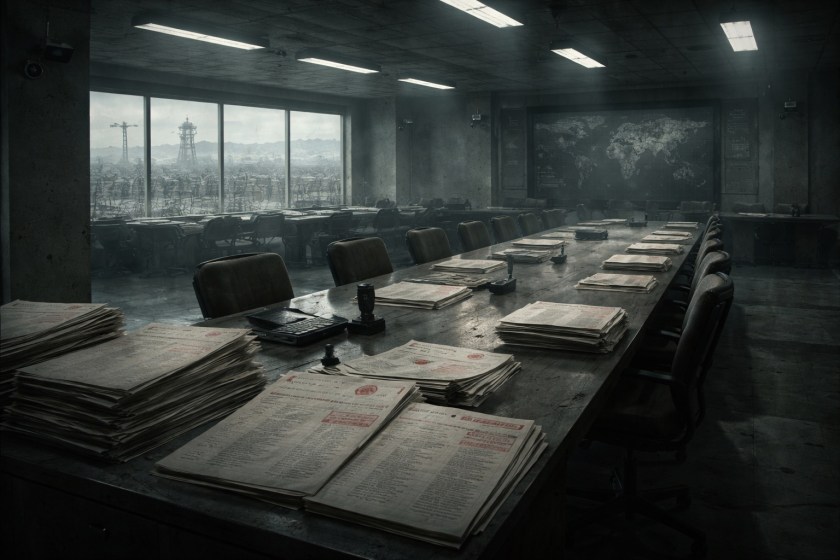 A dimly lit government office with a long empty table covered in neatly arranged documents and folders, illuminated by cold fluorescent lights, creating a quiet but unsettling bureaucratic atmosphere.