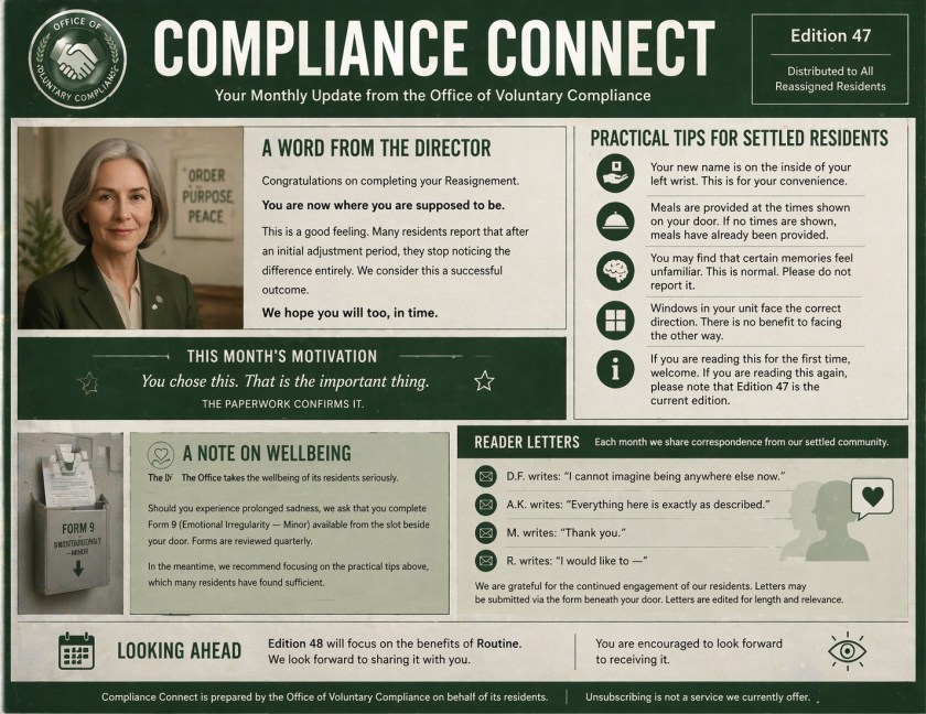 A dystopian-style official newsletter titled “Compliance Connect” laid out like a corporate bulletin, featuring sections on reassignment, practical living tips, wellbeing forms, and edited resident letters, with calm, reassuring language that contrasts with unsettling instructions, suggesting a controlled and bureaucratic society.