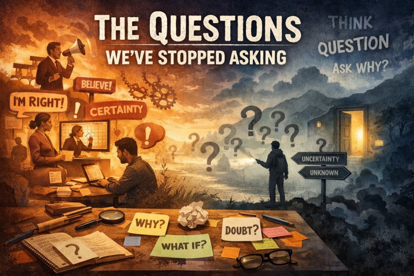 Landscape illustration split into two contrasting halves. On the left, a warm-toned, busy scene shows people in an echo chamber of certainty, speaking through megaphones and surrounded by bold phrases like “I’m right” and “certainty,” with desks, books, and papers suggesting confident opinions and constant output. On the right, a cooler, misty landscape shows a lone figure facing an open, glowing doorway, with signposts reading “uncertainty” and “unknown” and question marks floating in the air. In the foreground, a desk holds scattered notes with words like “why?”, “what if?”, and “doubt?”, alongside a notebook, magnifying glass, and glasses, reinforcing the theme of curiosity versus unquestioned belief.