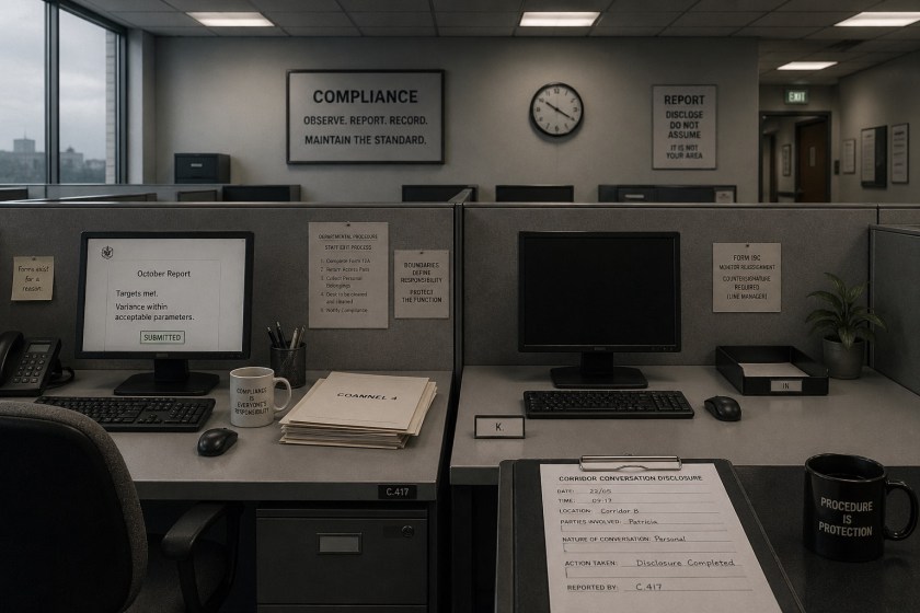 Two office cubicles in a compliance department, one occupied with paperwork and a completed report, the other empty with a nameplate ‘K.’, suggesting a recent disappearance.