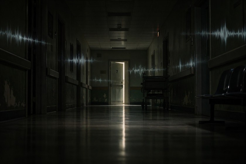 A dim hospital corridor at night seen from a low angle, with peeling green walls and deep shadows, leading to a slightly open door marked “7” emitting a pale light, while faint, ghost-like soundwave patterns drift through the air, creating a quiet, unsettling atmosphere.