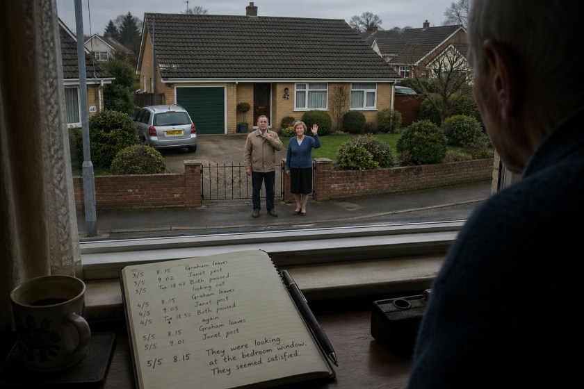 A suburban street viewed from an upstairs window, where an elderly man stands inside beside a notebook of observations on the windowsill. Across the road, a neatly kept house displays the number 42. A middle-aged couple stand at their front gate, the man adjusting his beige jacket while the woman in a blue cardigan waves directly towards the window. The scene feels orderly and quiet, with a subtle sense of unease as the couple appear to be watching the observer.