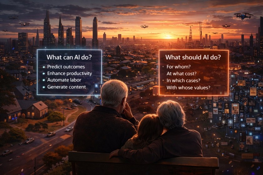 An older couple sits on a bench with a child, overlooking a city that blends traditional neighbourhoods with futuristic skyscrapers and drones at sunset, while glowing panels in the sky contrast what AI can do with deeper questions about what it should do, suggesting a reflective conversation across generations.