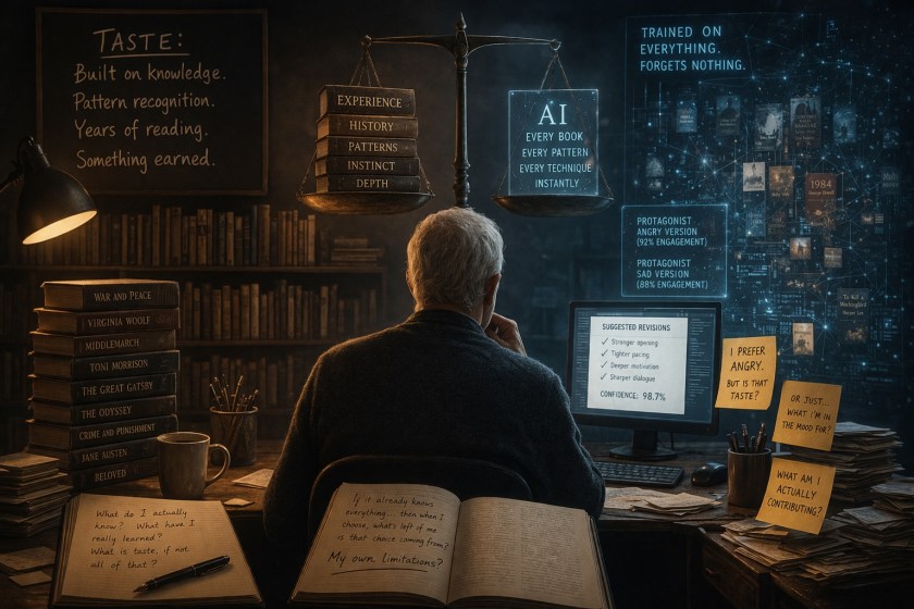 An older man sits at a wooden desk in a dimly lit study, looking at a computer screen displaying two versions of a story, while a glowing cluster of floating books and data represents AI analysis beside him, and handwritten notes on the desk contrast personal preference with deeper literary taste.