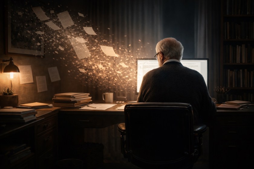 An older man with white hair sits at a desk in a dimly lit study, facing a glowing computer screen, while pages of text lift from the desk and dissolve into particles mid-air, suggesting ideas being shaped, selected, or discarded in a quiet act of creative curation.