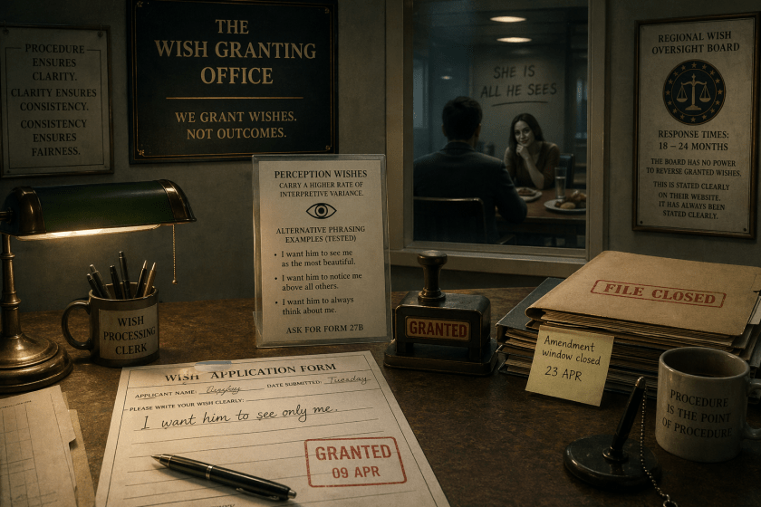 A dim, bureaucratic office counter in a wish-granting department. In the foreground, a stamped application form reads, “I want him to see only me,” marked “GRANTED.” Nearby are neat stacks of files, a heavy rubber stamp, and a desk sign explaining procedural rules. On the wall, official notices emphasise that wishes are granted exactly as written. Through a glass partition in the background, a man sits opposite a woman, but his attention is fixed entirely on her, reinforcing the unsettling consequence of the wish.