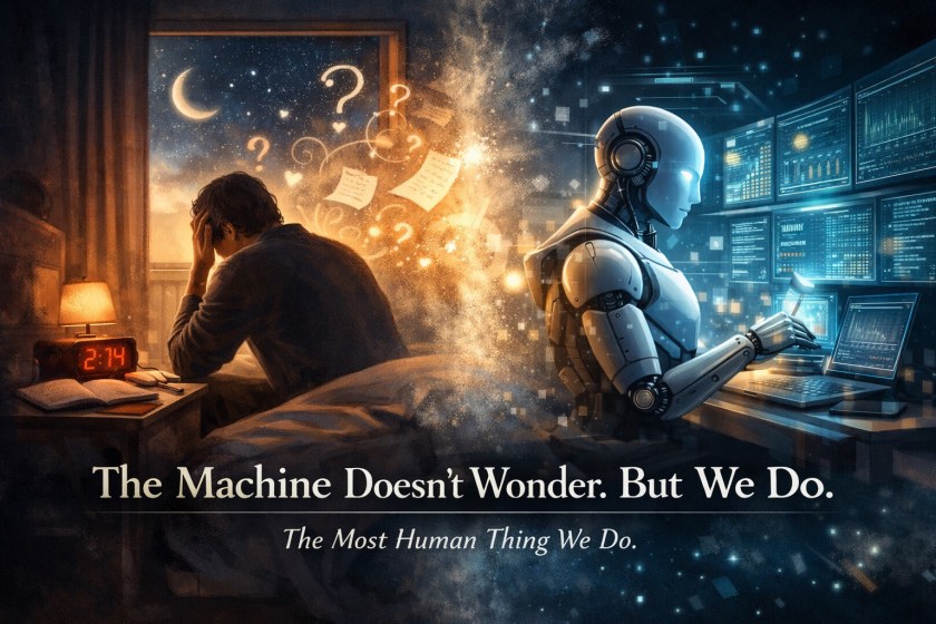 Landscape illustration split into two contrasting halves. On the left, a man sits awake at night on the edge of a bed, head in hand, a dim lamp beside him and a clock reading 2:14, with floating question marks and notes suggesting restless thought. On the right, a humanoid robot sits at a desk surrounded by glowing screens filled with data, working efficiently. A soft, luminous divide separates the human’s warm, uncertain space from the machine’s cool, precise environment, with overlaid text reading, “The Machine Doesn’t Wonder. But We Do. The Most Human Thing We Do.”