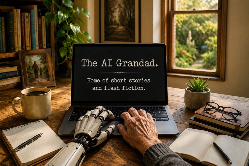 A cosy writing desk with a laptop displaying “The AI Grandad”, beside an elderly hand and a robotic hand typing together, with books, coffee and a sunlit garden visible through the window.