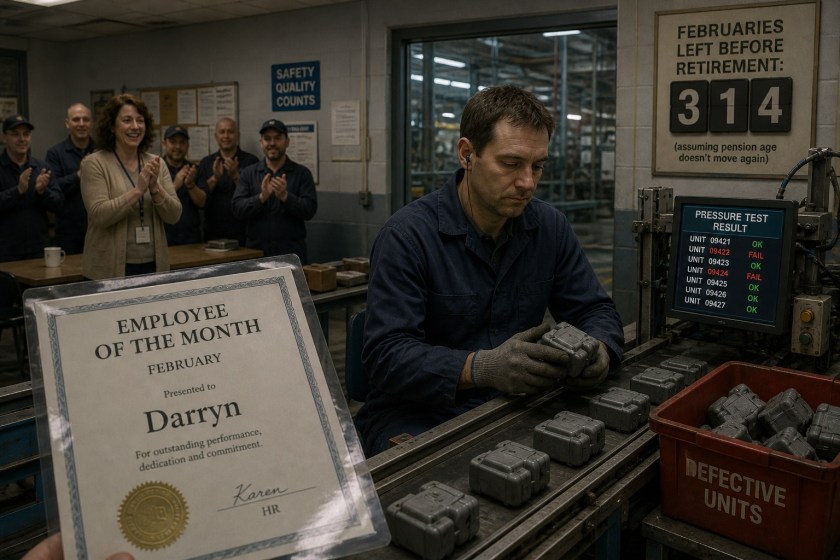 A factory worker in blue overalls sits at a production line inspecting small grey units, his expression subdued while colleagues clap in the background. In the foreground, a laminated “Employee of the Month” certificate misspells his name as “Darryn.” To one side, a screen displays pressure test results, and a red bin marked “Defective Units” holds rejected items. On the wall behind him, a sign counts down “314 Februaries left before retirement,” adding a quiet, unsettling note to the otherwise routine workplace scene.