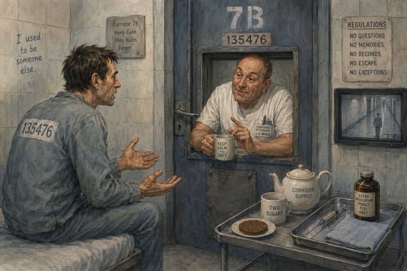 Book illustration of a distressed man in a bleak tiled institutional corridor pleading with a calm attendant through a locked hatch door. The man wears grey clothing marked with the number 135476, while the attendant sits beside a tray holding tea, medication, and a syringe. Surveillance screens and warning signs reinforce the unsettling dystopian atmosphere.