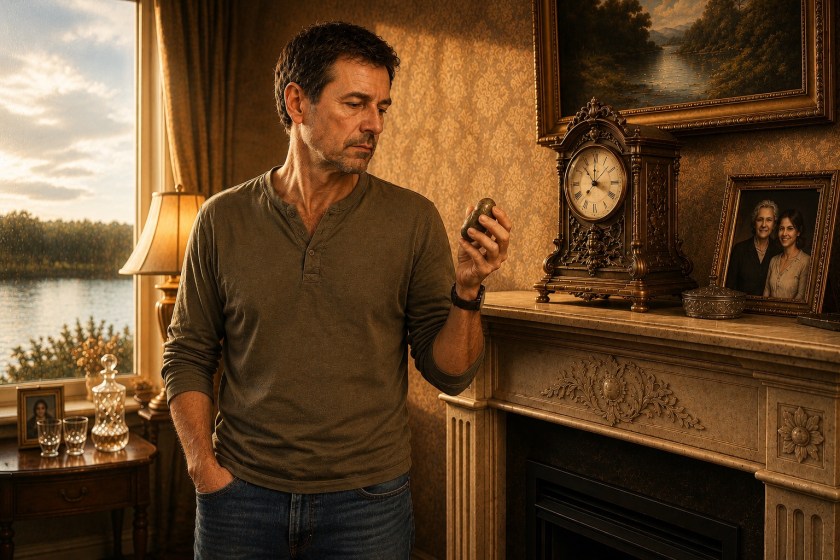 Middle-aged man in casual clothes stands beside an ornate fireplace in a warmly lit retro-futurist room, studying a small stone in his hand while an old clock and framed photograph rest on the mantelpiece beside him.